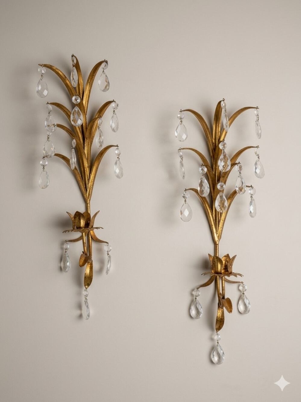 Vintage Italian Gilt Tole Crystal Wall Sconces Pair Made in Italy Gold 18"